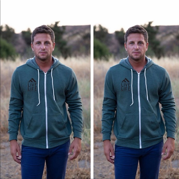 New! Mens Hunter Green Live Life Zip Up Hoodie - Picture 3 of 3